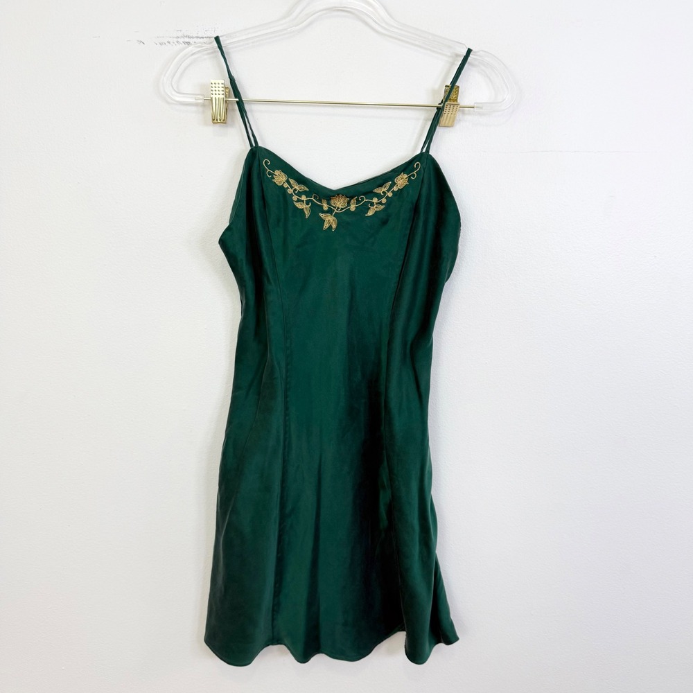 Vintage 1997 Victoria's Secret Green Silk Embroidered Slip Dress Size S